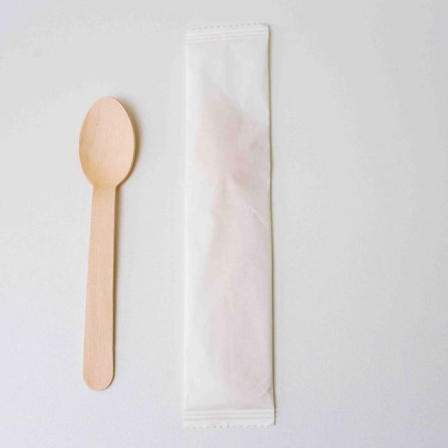 Wrapped Disposable Wooden Spoon- White Colour Wrapping
